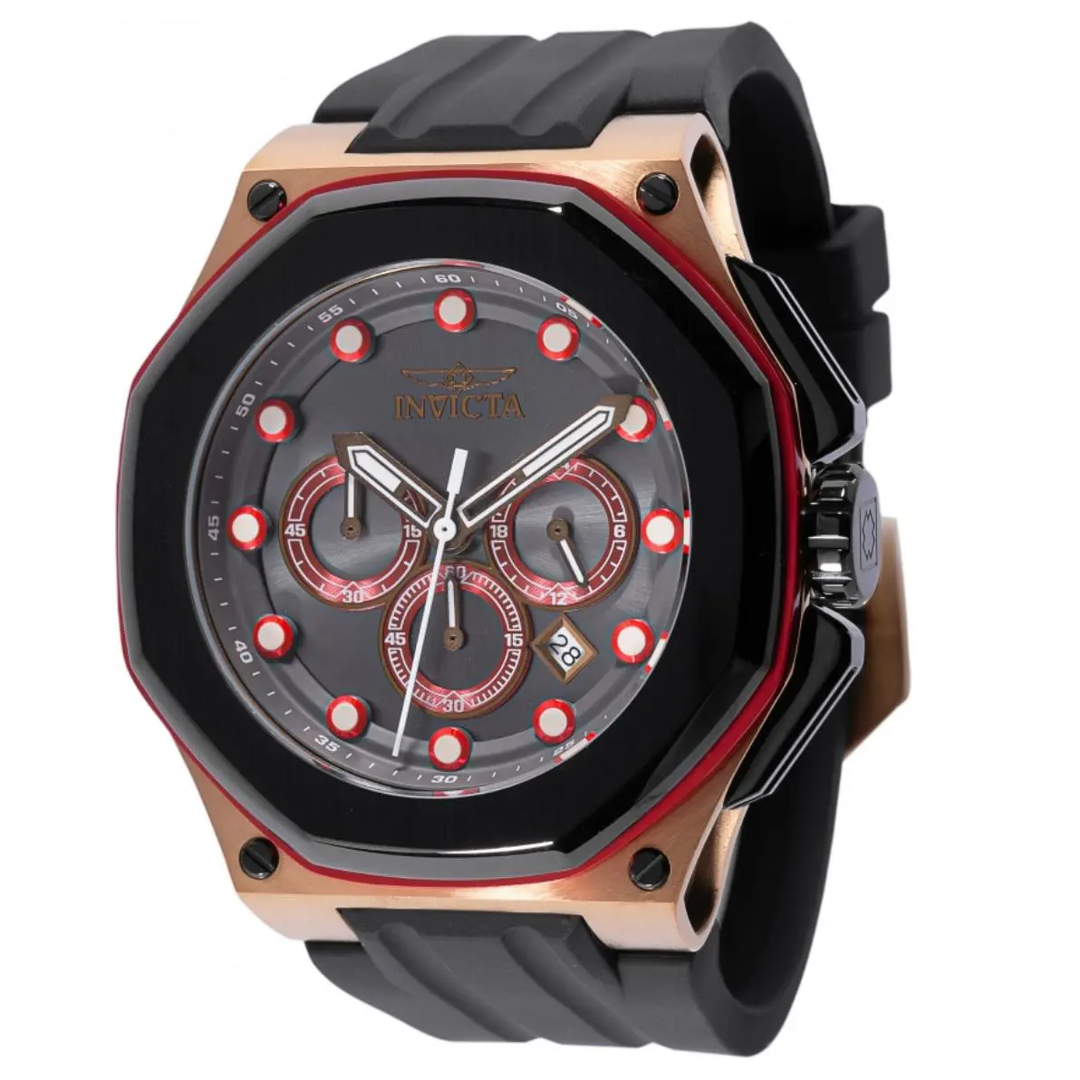 Invicta Akula Men`s 50mm Charcoal Dial Rose Gold Silicone Chrono Watch 46150 - Dial: Gray, Red, White, Band: Black, Bezel: Black, Red