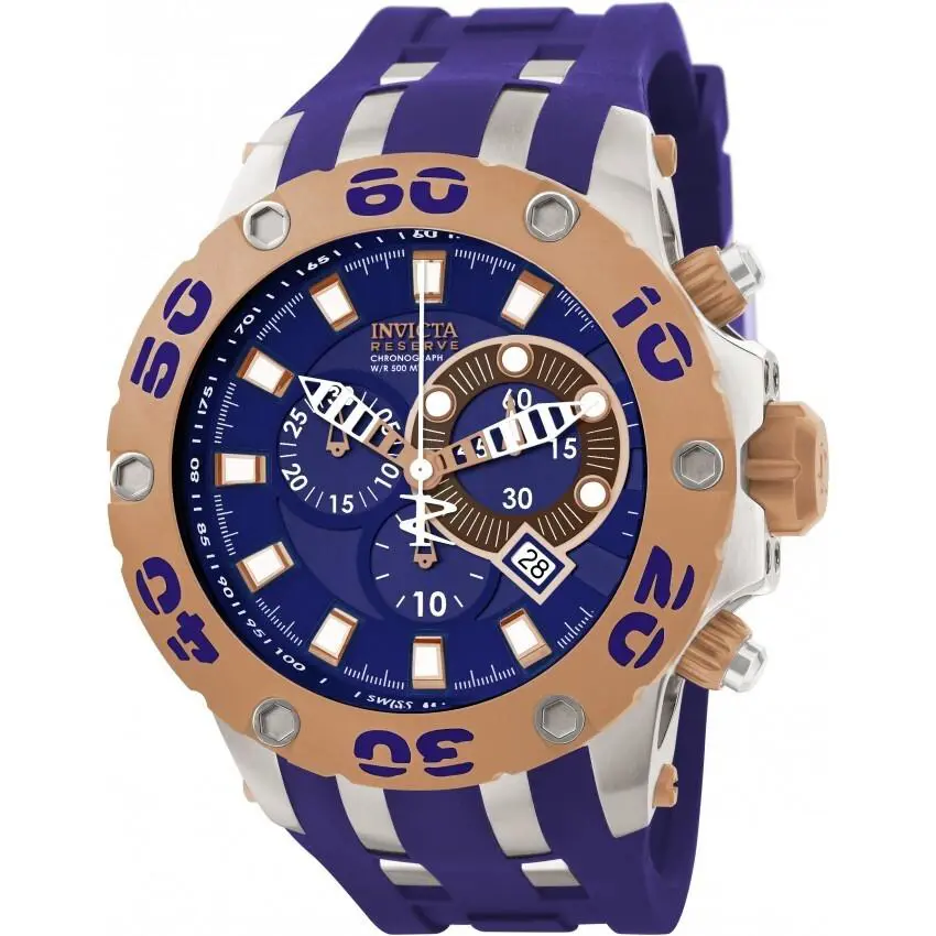 Invicta 0910 Subaqua Reserve Specialty II 51mm Swiss Quartz Sports Watch - Dial: Blue, Band: Blue, Bezel: Rose Gold