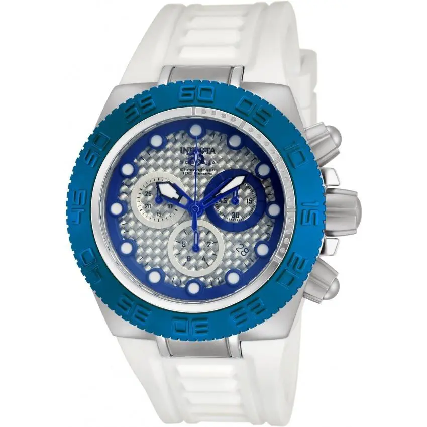Invicta 10867 Men`s Silver Dial Subaqua Noma IV Silicone Band Swiss Quartz Watch - Dial: Silver, Band: White, Bezel: Blue