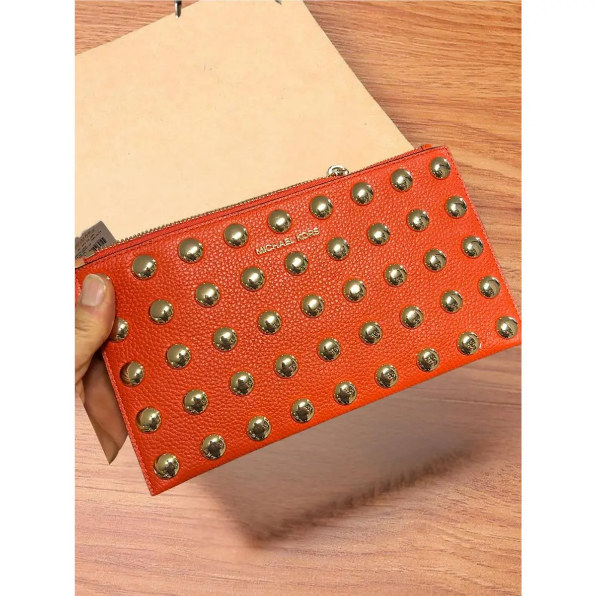 Michael Kors Jet Set Large Women Studded Pebbled Leather Wristlet Wallet Redclay