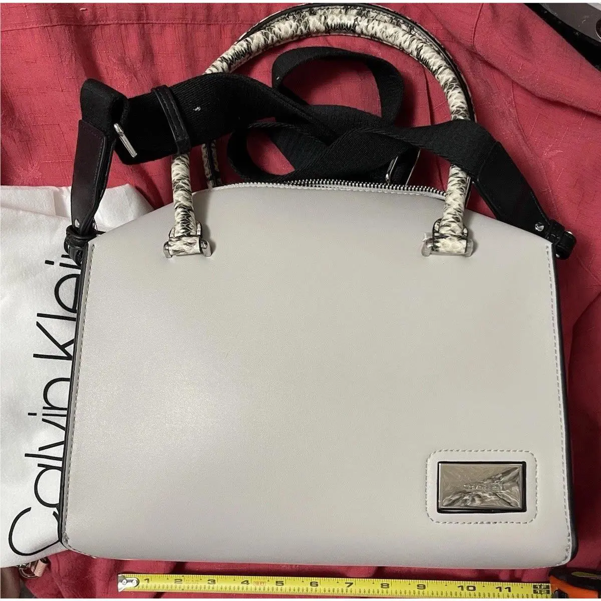 Calvin Klein Handbag Grey Box Style w Animal Print Handles Dust Bag x Body