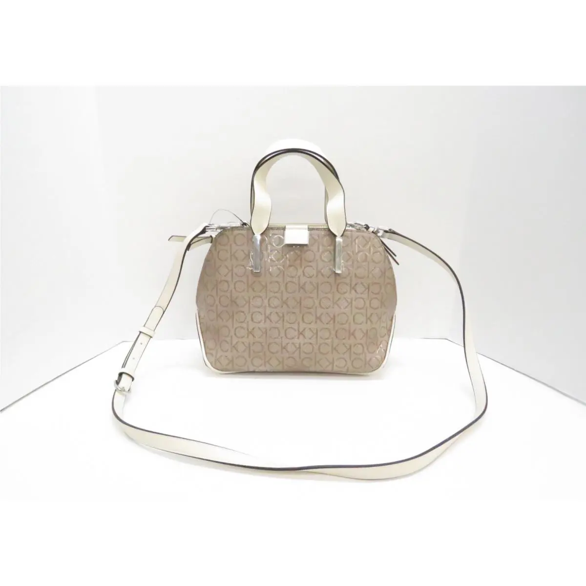Calvin Klein Audrey Crossbody Satchel Triple Compartment Almond Taupe Ivory