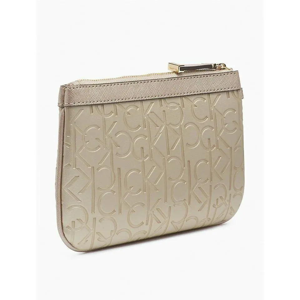 Calvin Klein Women`s Embossed Monogram Logo Large Zip Wristlet Pewter