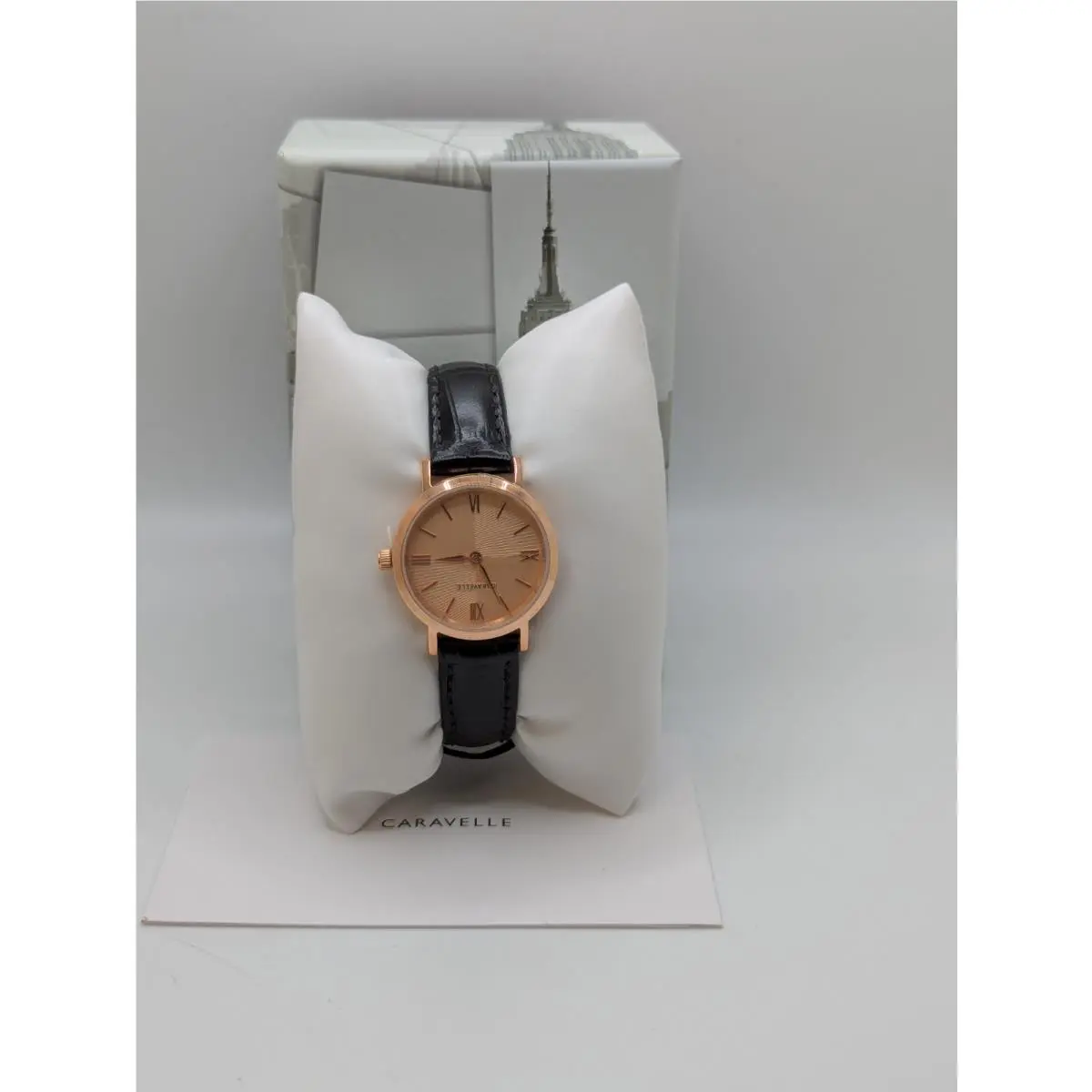 44L259 Womens Rose Gold Case Black Band Quartz Dress Wristwatch by Caravelle
