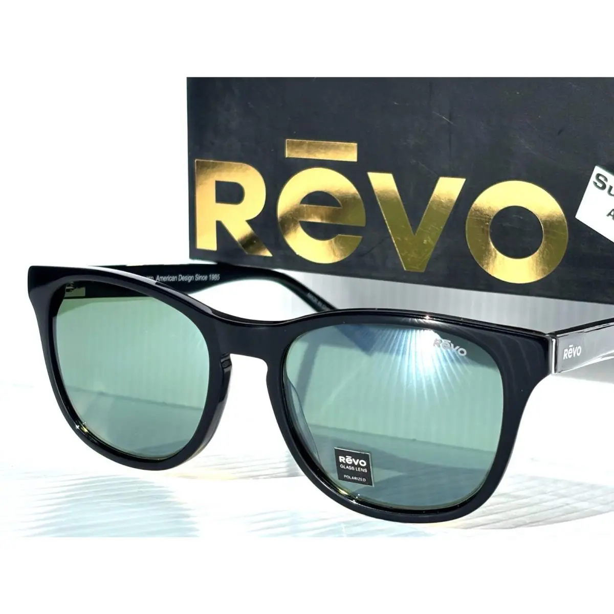 Tatum Shiny Black Polarized Smokey Green Glass Sunglass 1254 01 SG50 by Revo