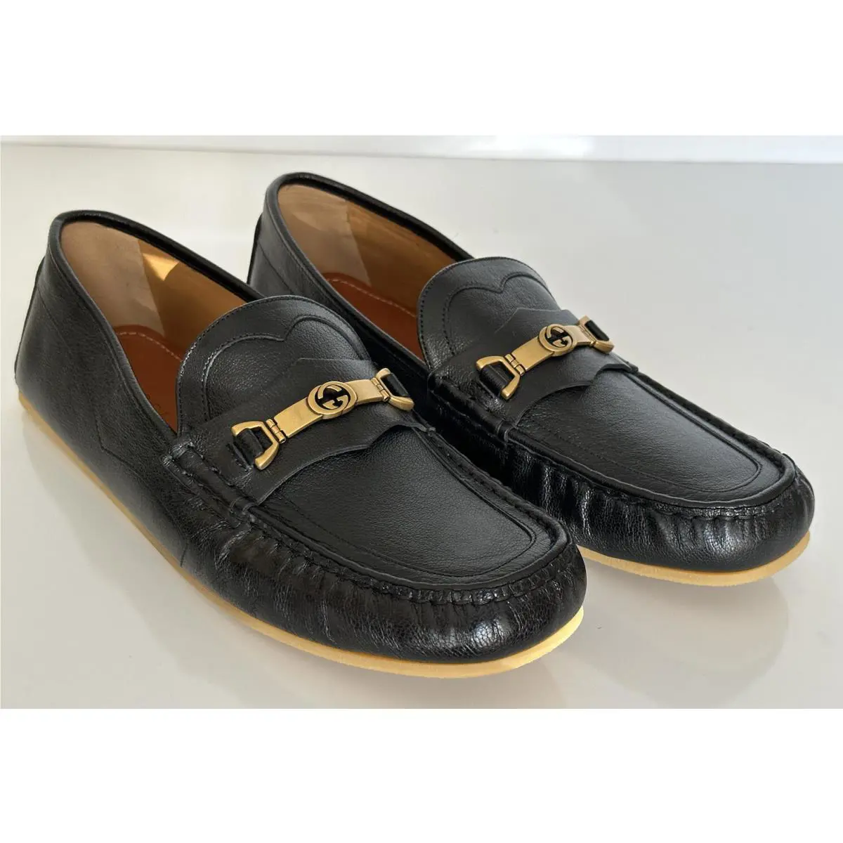 Gucci Interlocking G Mens Leather Moccasin Shoes Black 13.5 13G 655519 IT