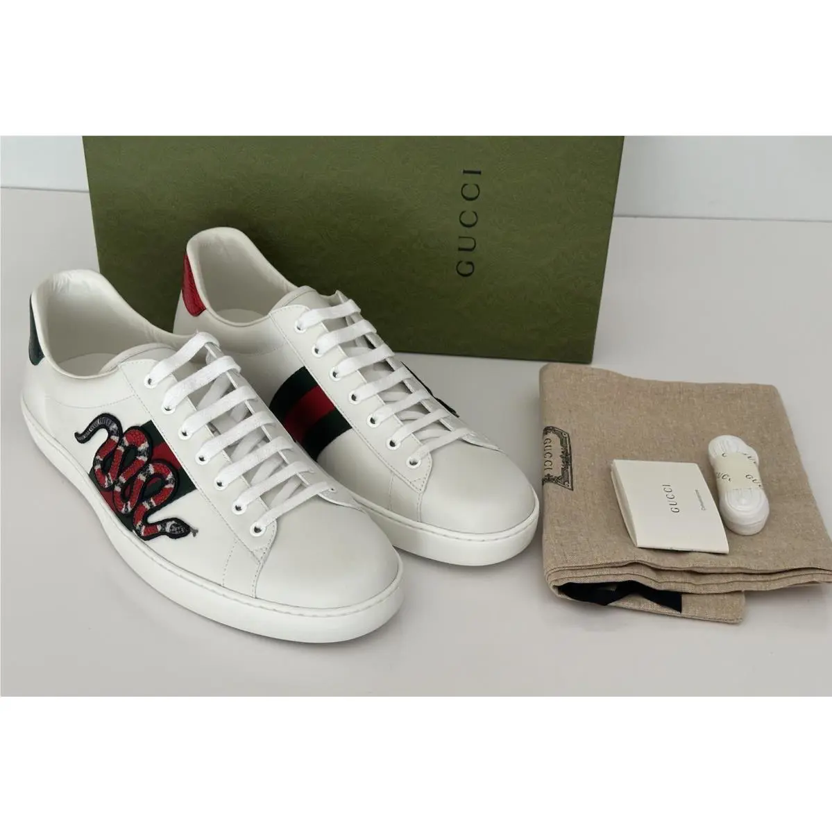 Gucci Men`s Soft White Snake Embroidere Sneakers 14.5 US Gucci 13.5 456230