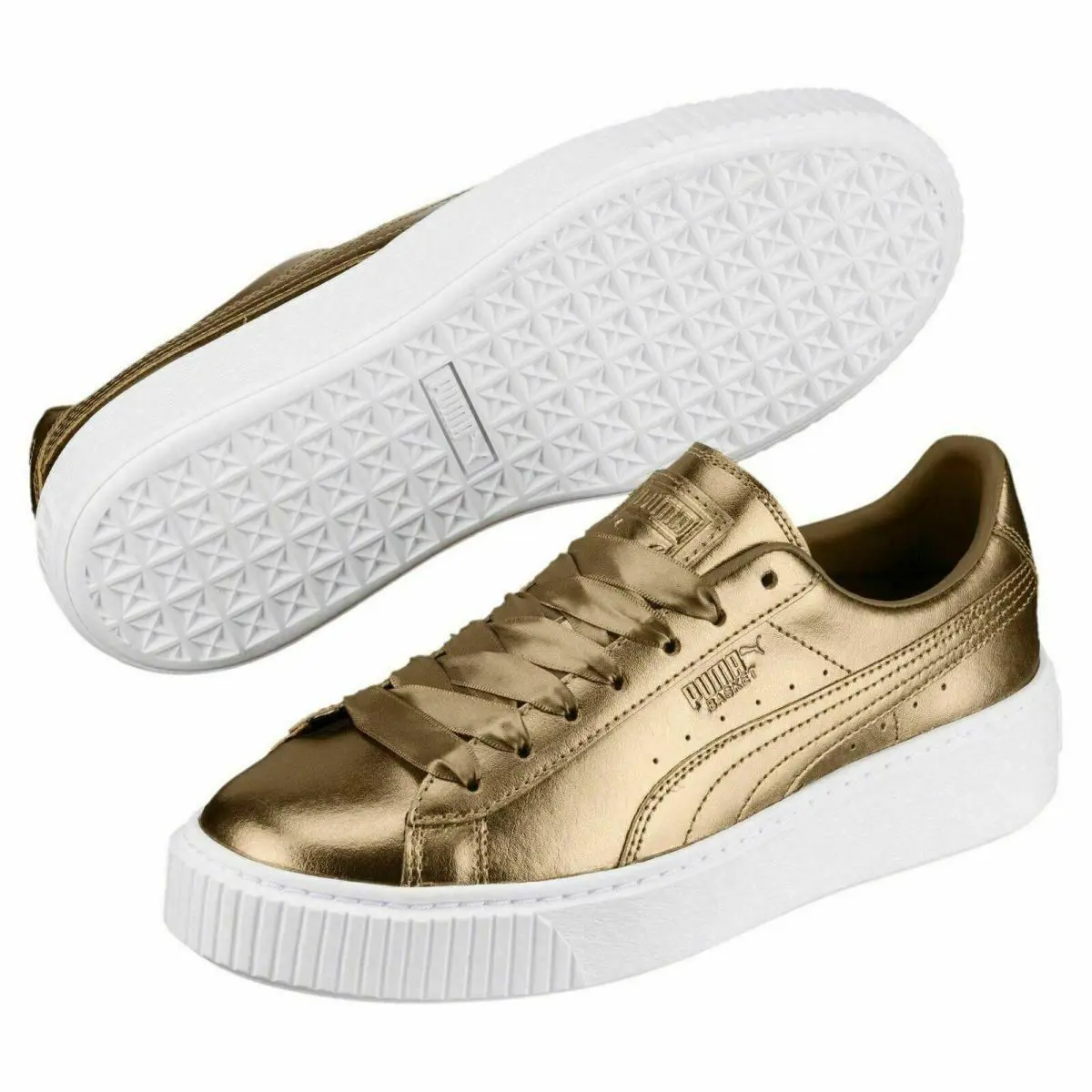 Womens Puma Basket Platform Luxe Leather Shoes Ermine 366687-02 - Ermine