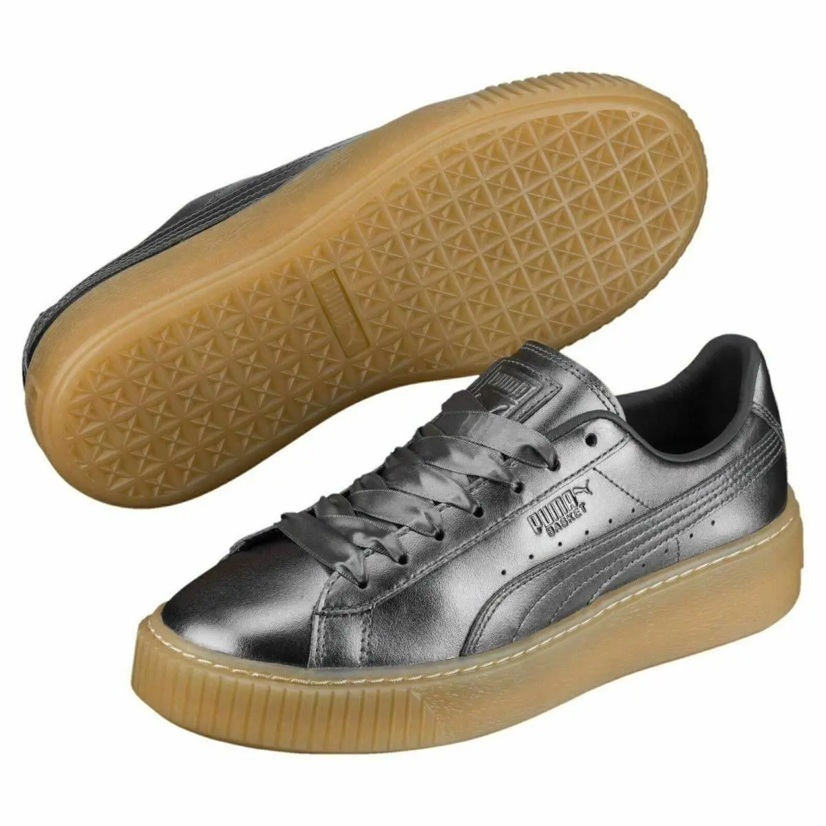 Puma Basket Platform Luxe Leather Shoes Gray Brown 366687-01 Womens Sz 5.5 - Brown