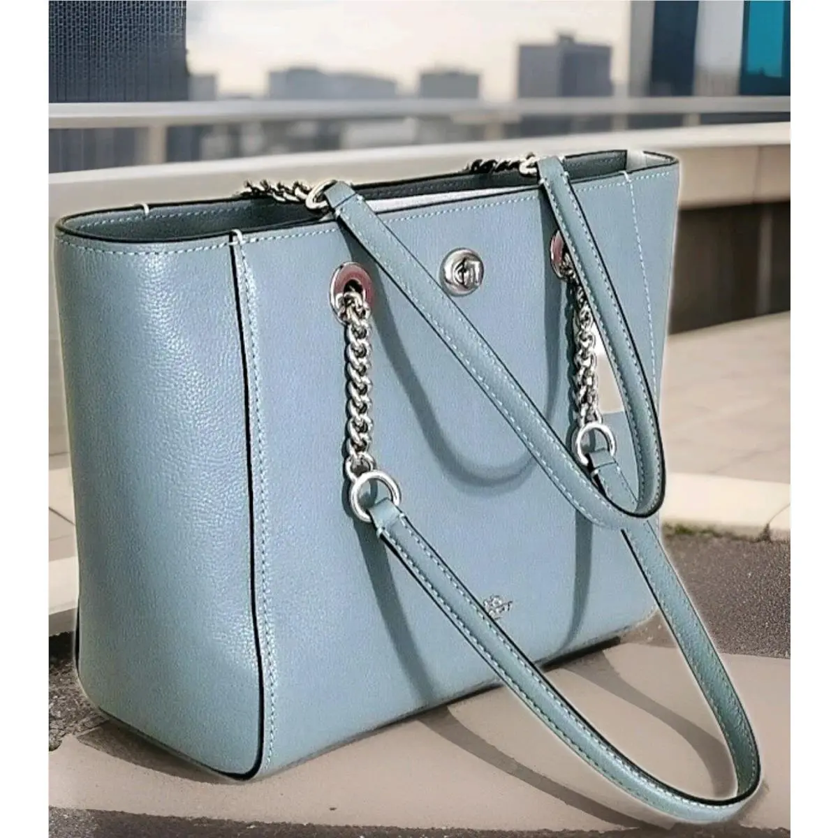 Coach NY 57107 Turnlock Silver Chain Sage Blue Leather Shoulder Tote Bag