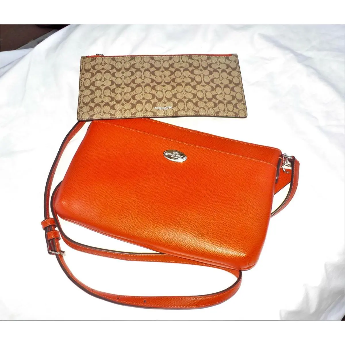 Coach Orange Leather EW Pop Small Messenger Crossbody Bag with Pouch 52881