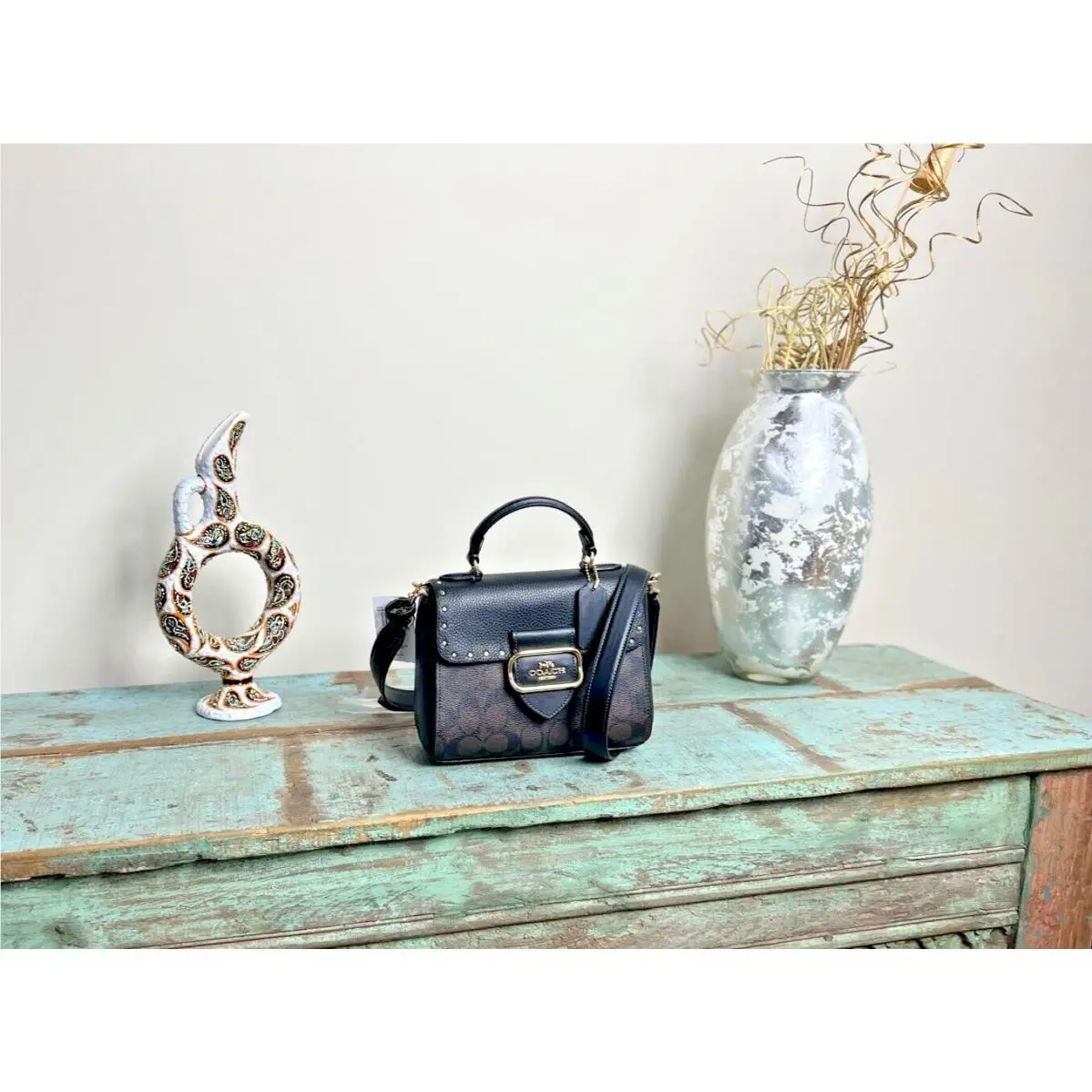 Coach CF322 Top Handle Satchel Signature Canvas Brown Black with Rivets
