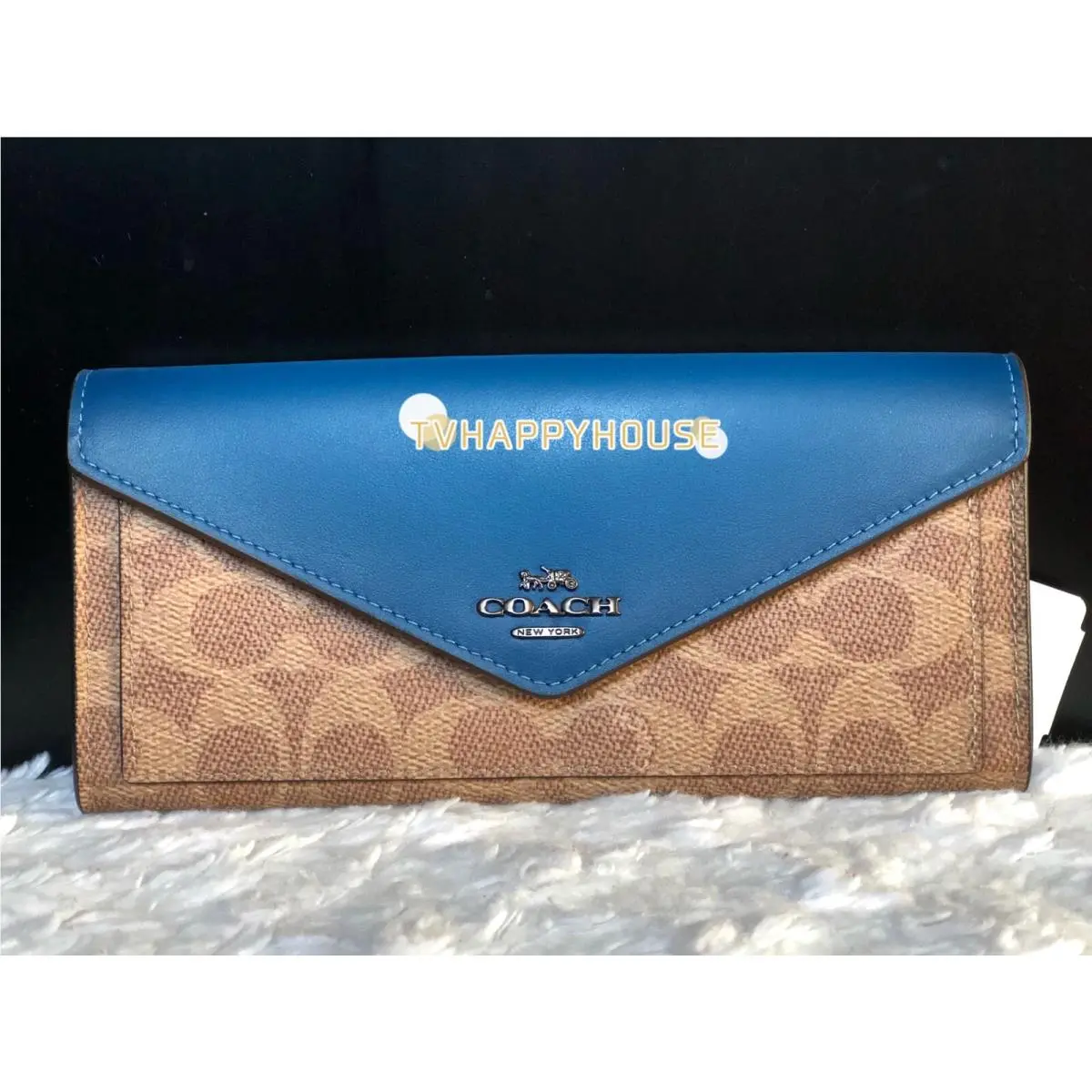 Coach Soft Wallet In Colorblock Signature Canvas Tan Dark Denim