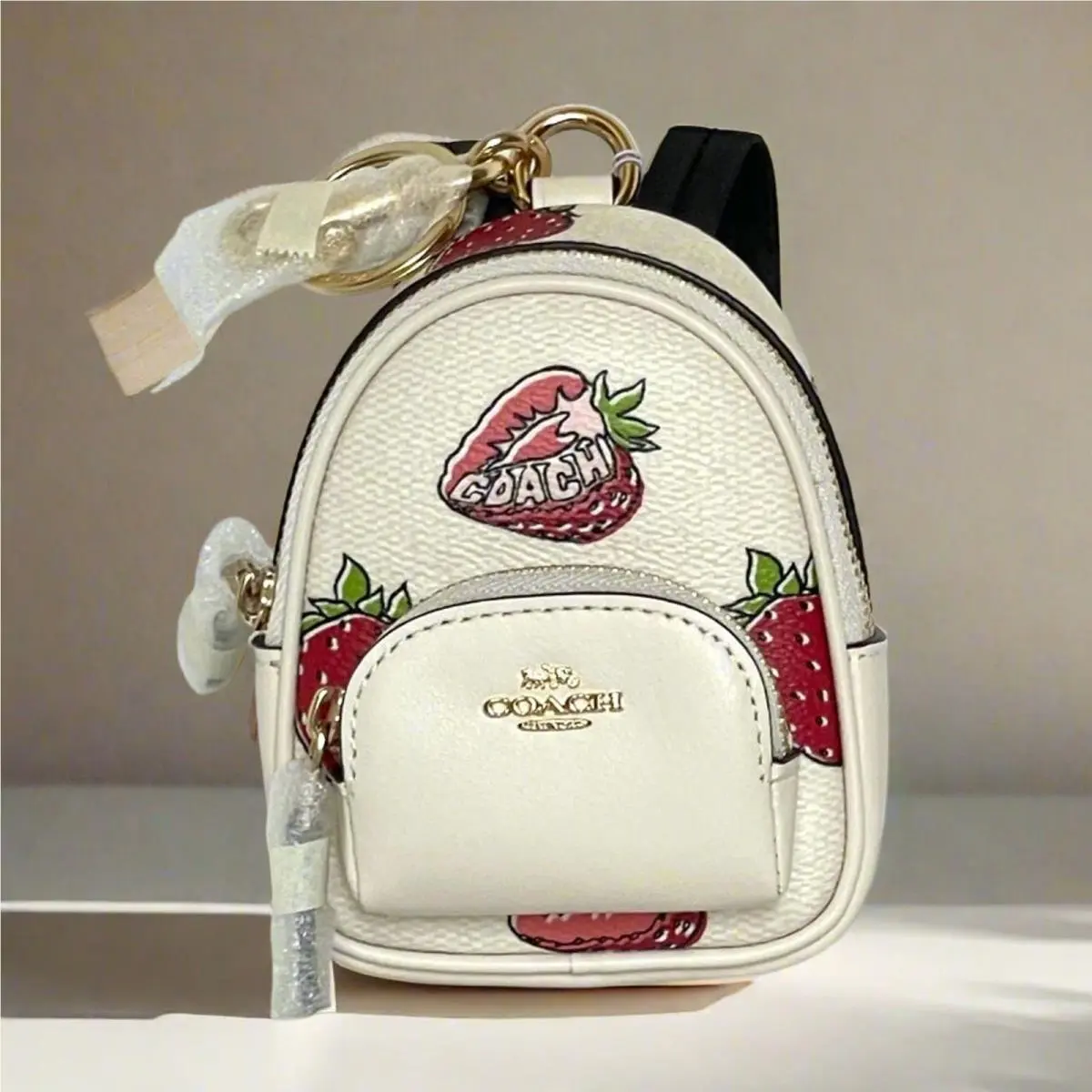 Mini Court Backpack Bag Charm CA093 Strawberry White Keychain Orgpkg by Coach