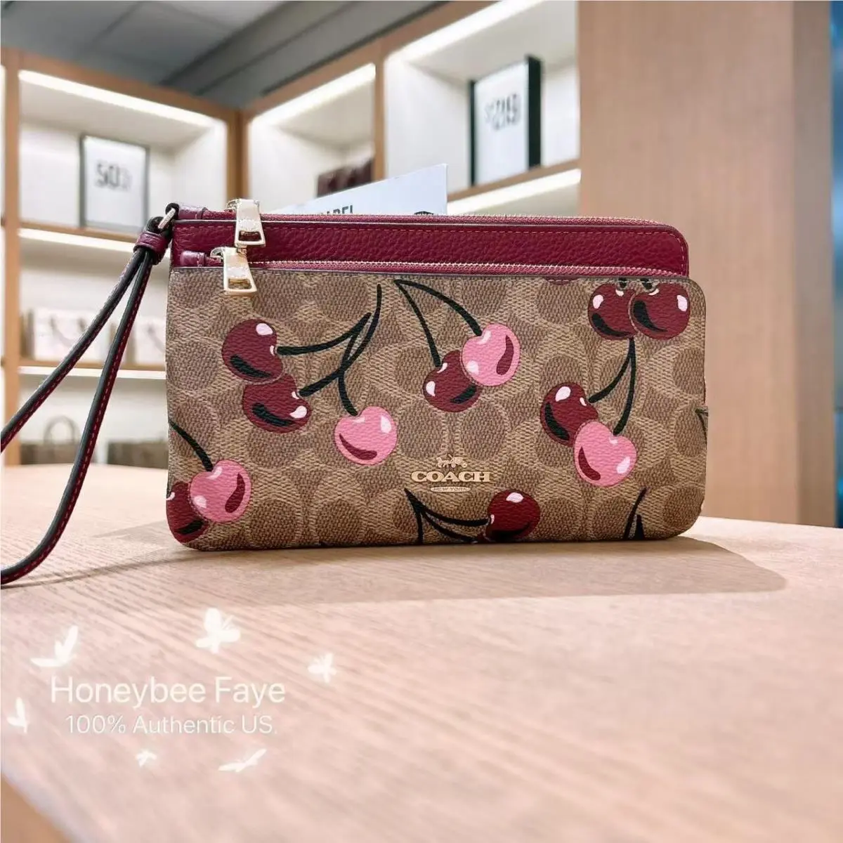 Coach Double Zip Wallet In Signature Canvas with Cherry Print CZ763