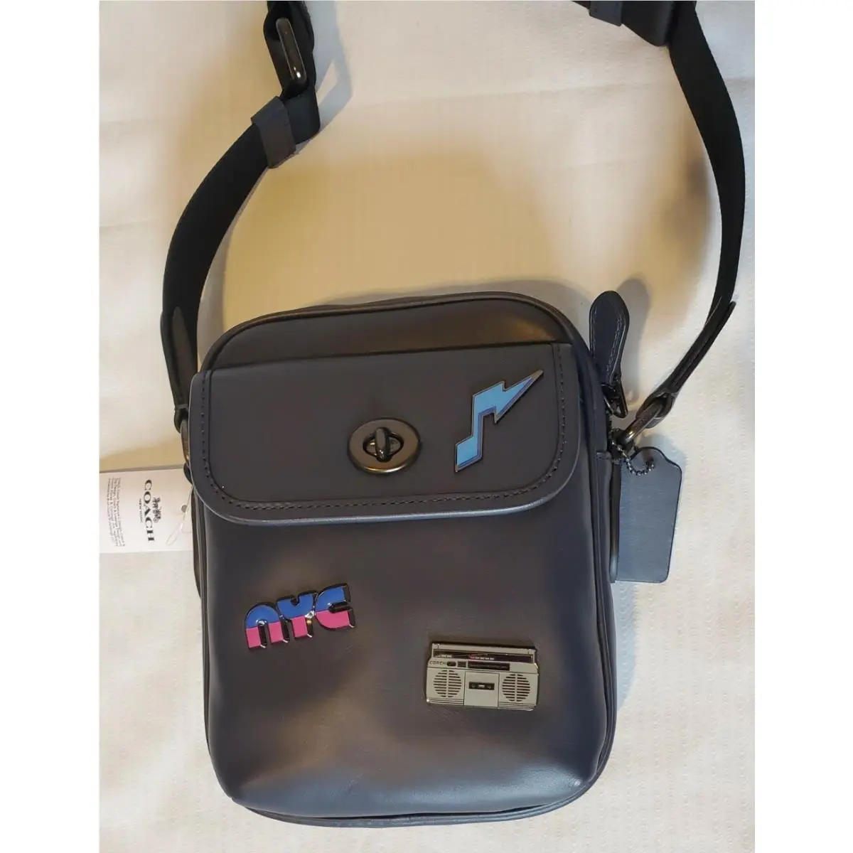 Coach C2908 Heritage Crossbody Leather Bag W/ 80`s Pins Midnight Blue Small