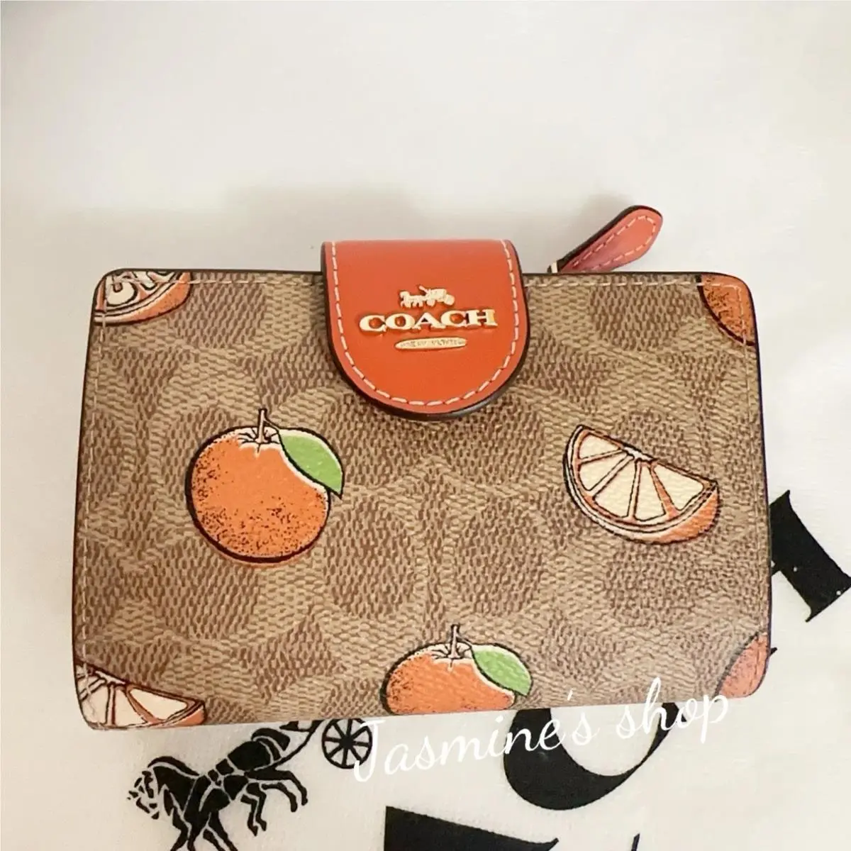 Coach Medium Corner Zip Wallet In Signature Canvas with Orange Print CAP04