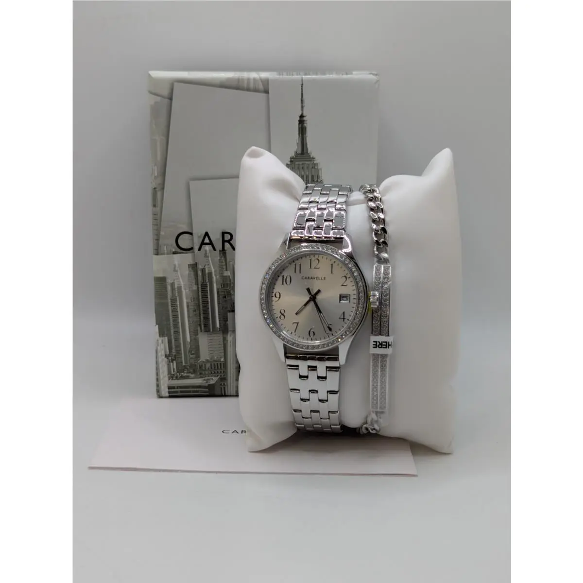 By Bulova Womens Silver Crystal Accented Watch and Bracelet Set by Caravelle