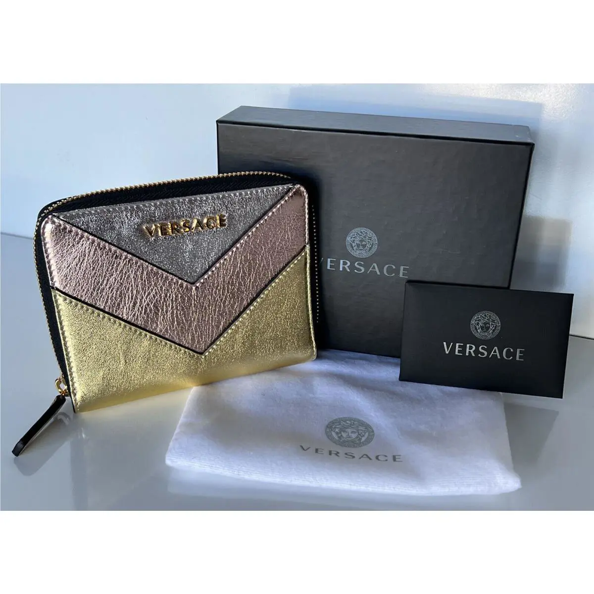 Versace Gold/pink/silver Calf Leather Medium Zipper Wallet Made in Italy