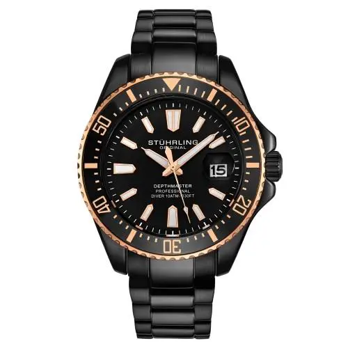 Stuhrling 3950A 9 Aquadiver Date Stainless Steel Black Dial Black Mens Watch - Dial: Black, Band: Black
