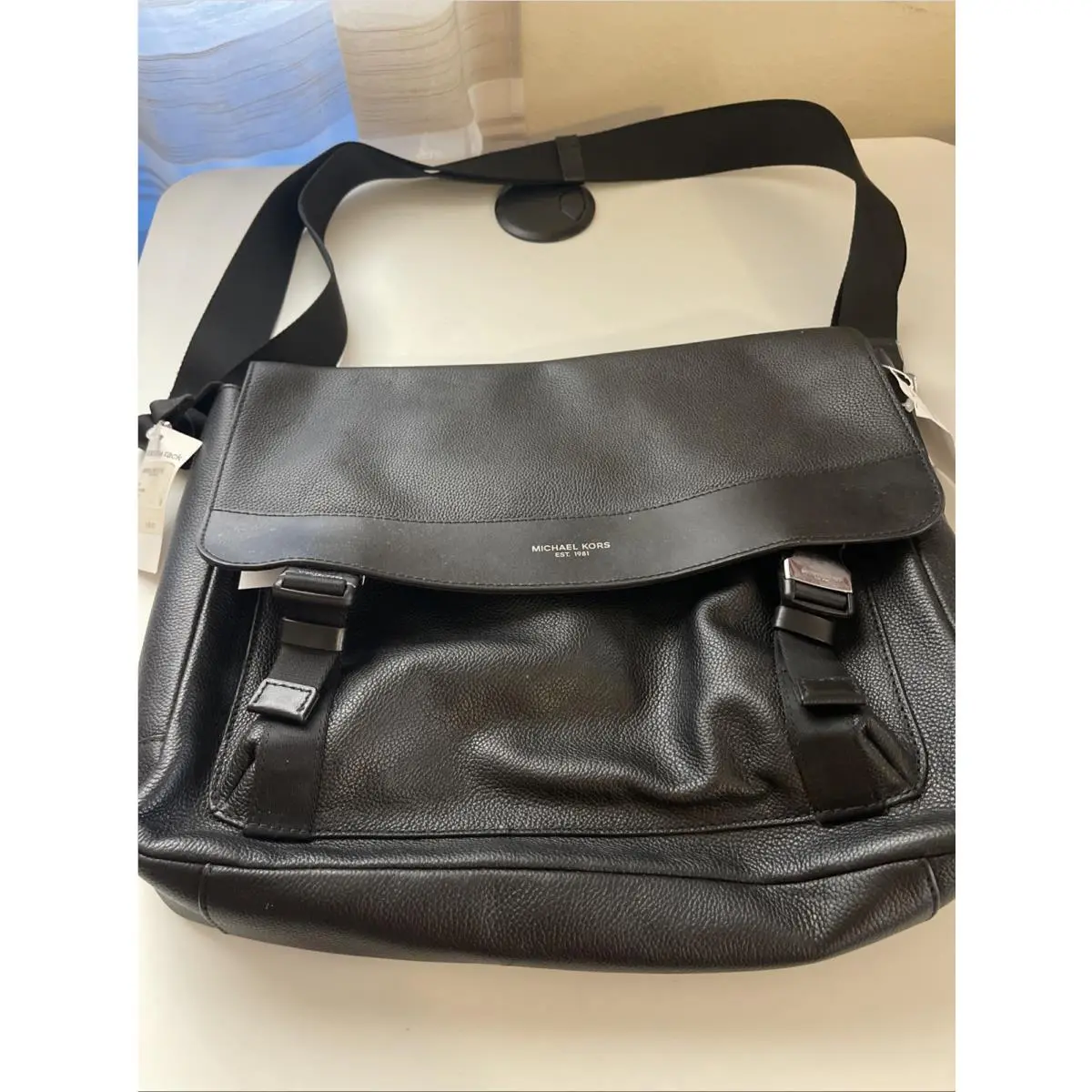 Michael Kors Greyson Black Pebbles Leather Laptop Messenger Bag 13.5x12x3”