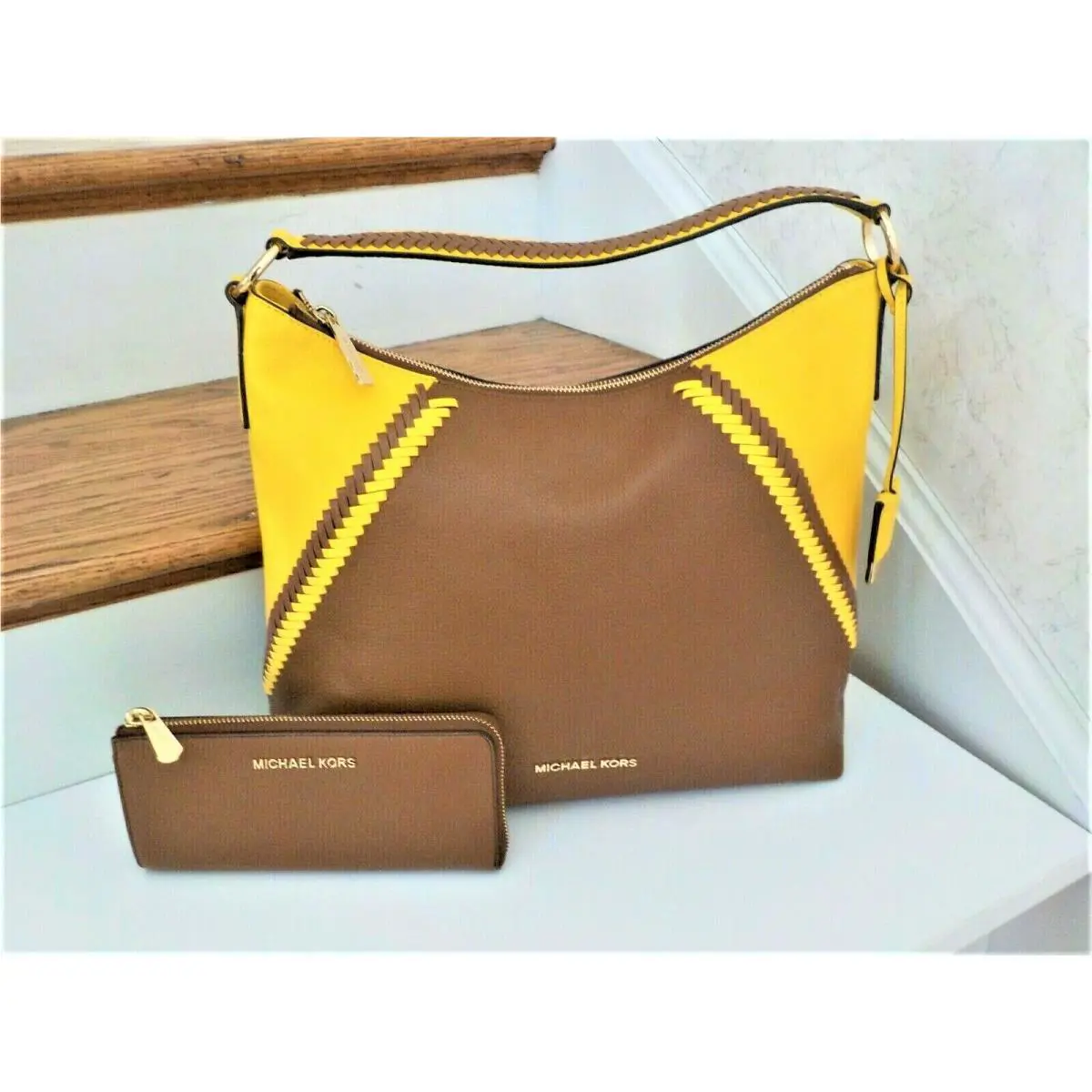 Michael Kors Karson Hobo Shoulder Bag 3/4 Zip Wallet Citrus Luggage Brown
