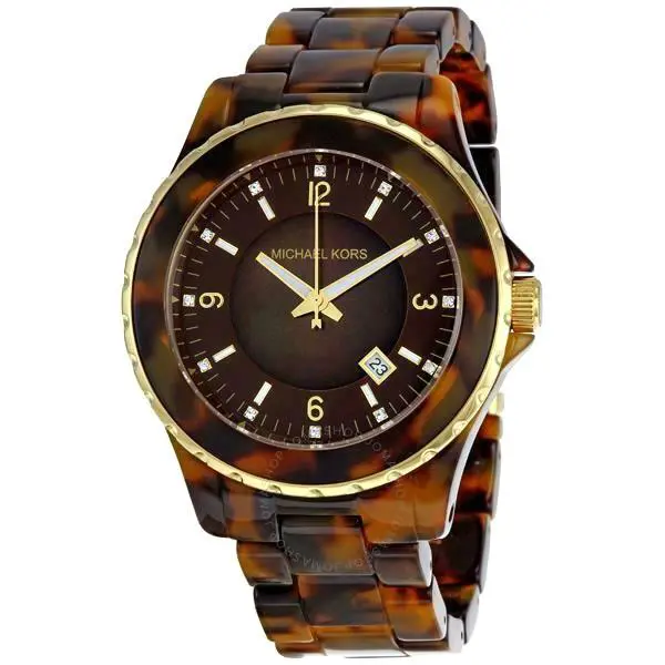 Michael Kors Gold Tone+brown Tortoise Acrylic Band Crystal Watch MK5298