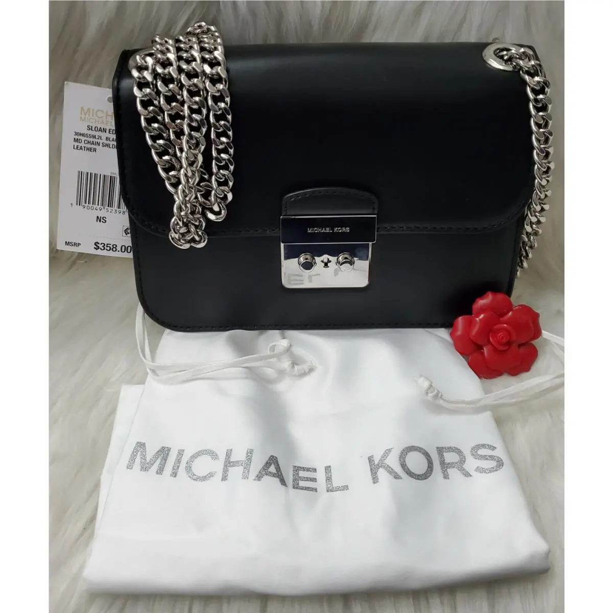 Michael Kors Women`s Crossbody Sloan Editor MD Chain Shoulder Leather Black Bag