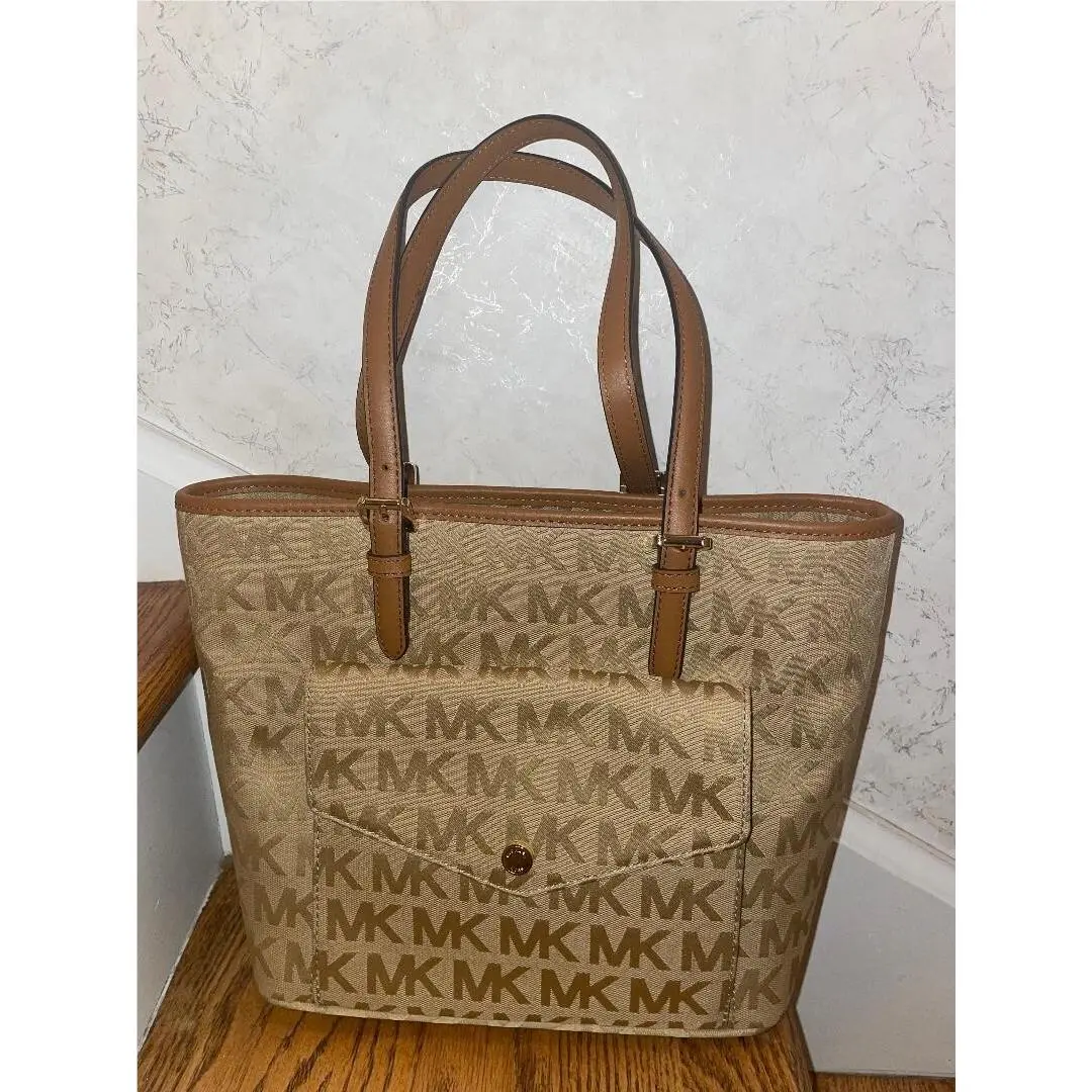 Signature Jacquard Jet Set Medium Pocket Tote Camel by Michael Kors