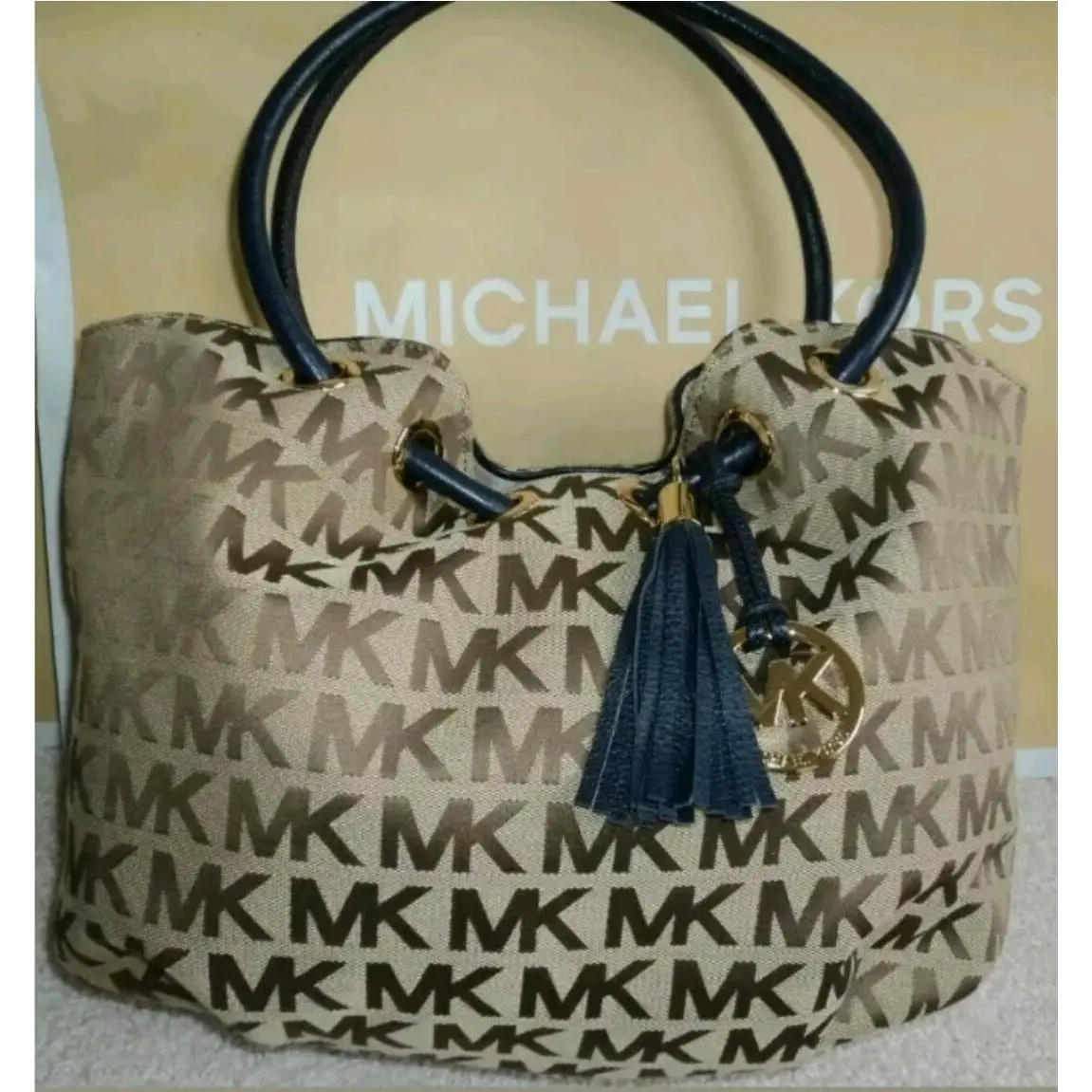 East West Ring Signature Logo Allover Beige Navy Women`s Tote Bag by Michael Kors