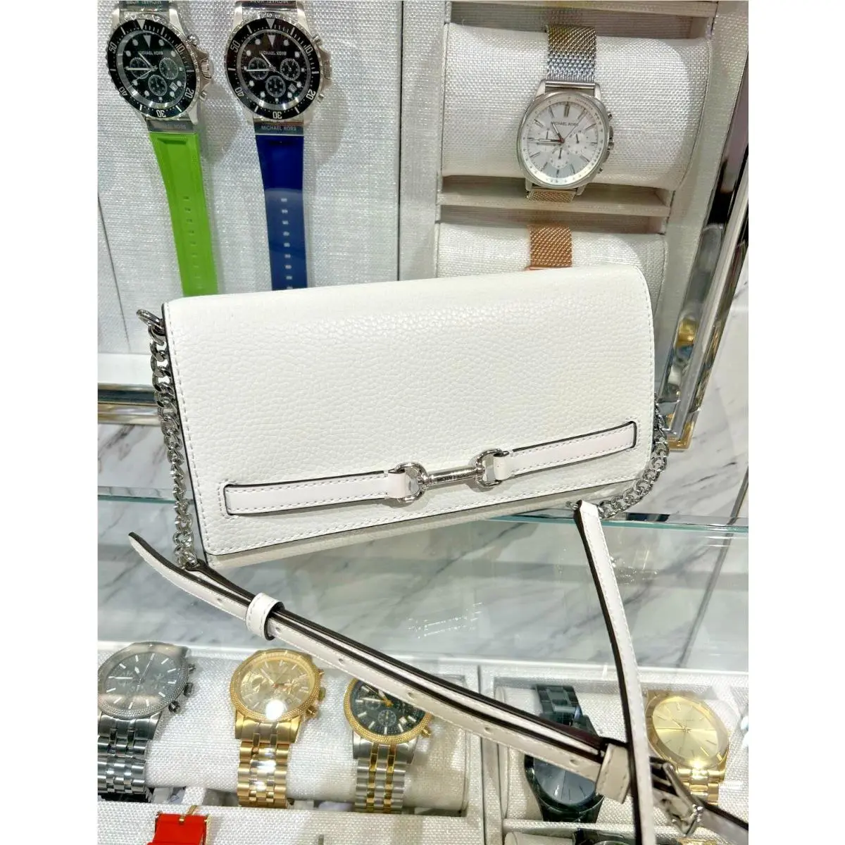 Carson Large Leather Chain Convertible Crossbody Bag Optic White by Michael Kors