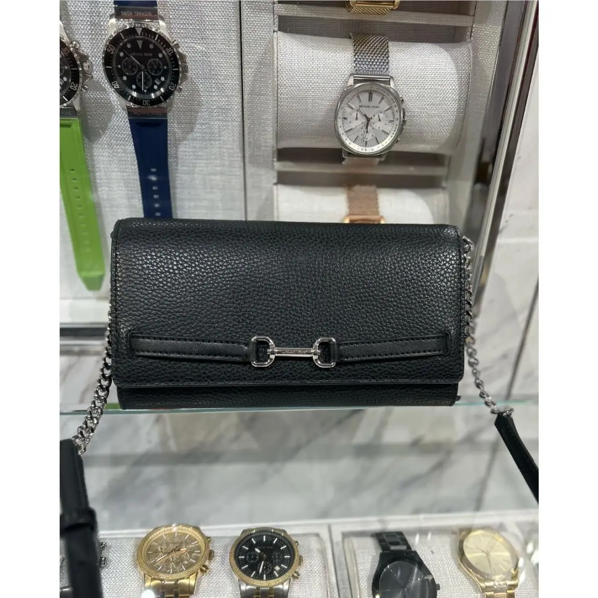 Michael Kors Carson Large Leather Chain Convertible Wallet Crossbody Bag Black