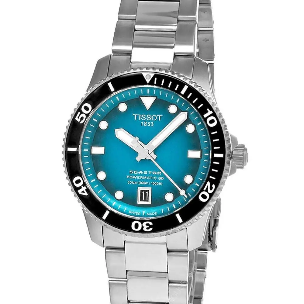 Tissot Seastar 1000 Auto 40mm Turquoise Dial SS Men`s Watch T1208071109100 - Dial: Turquouise, Band: Gray, Silver, Bezel: Black