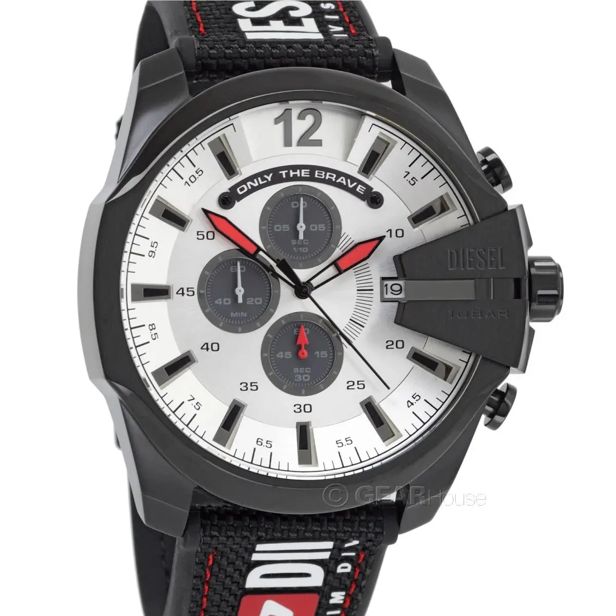 Diesel Mega Chief Mens Chronograph Watch Black Red White Textile Logo Band