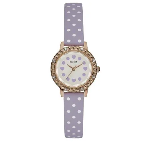 Women`s Violet Purple Strap Watch White Polka Dots Lilac Hearts W0906L4 by Guess