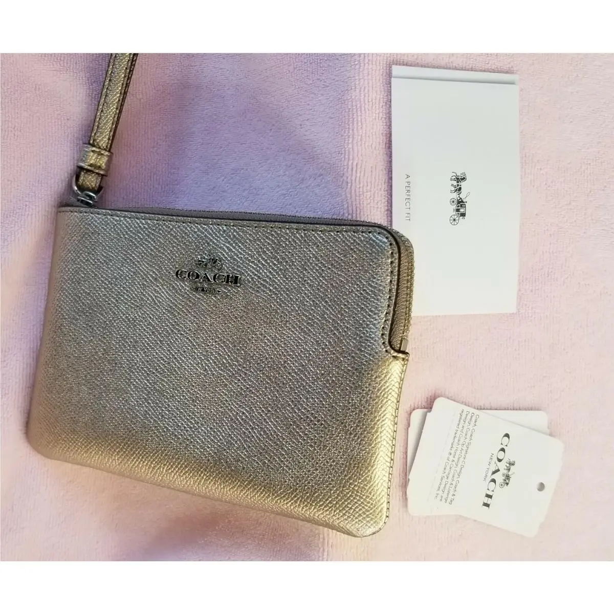 Coach Wrislet Corner Zip Metallic Platinum Silver Small Bag w Box Sticker