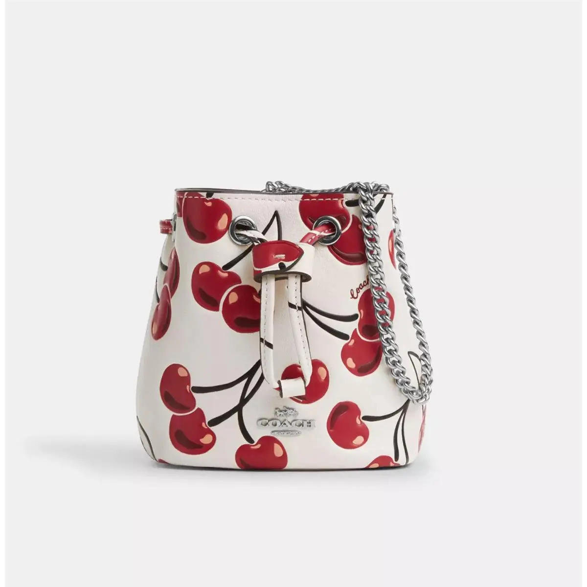 Coach Mini Bucket Bag with Cherry Print Novelty Leather/silver/chalk CY739
