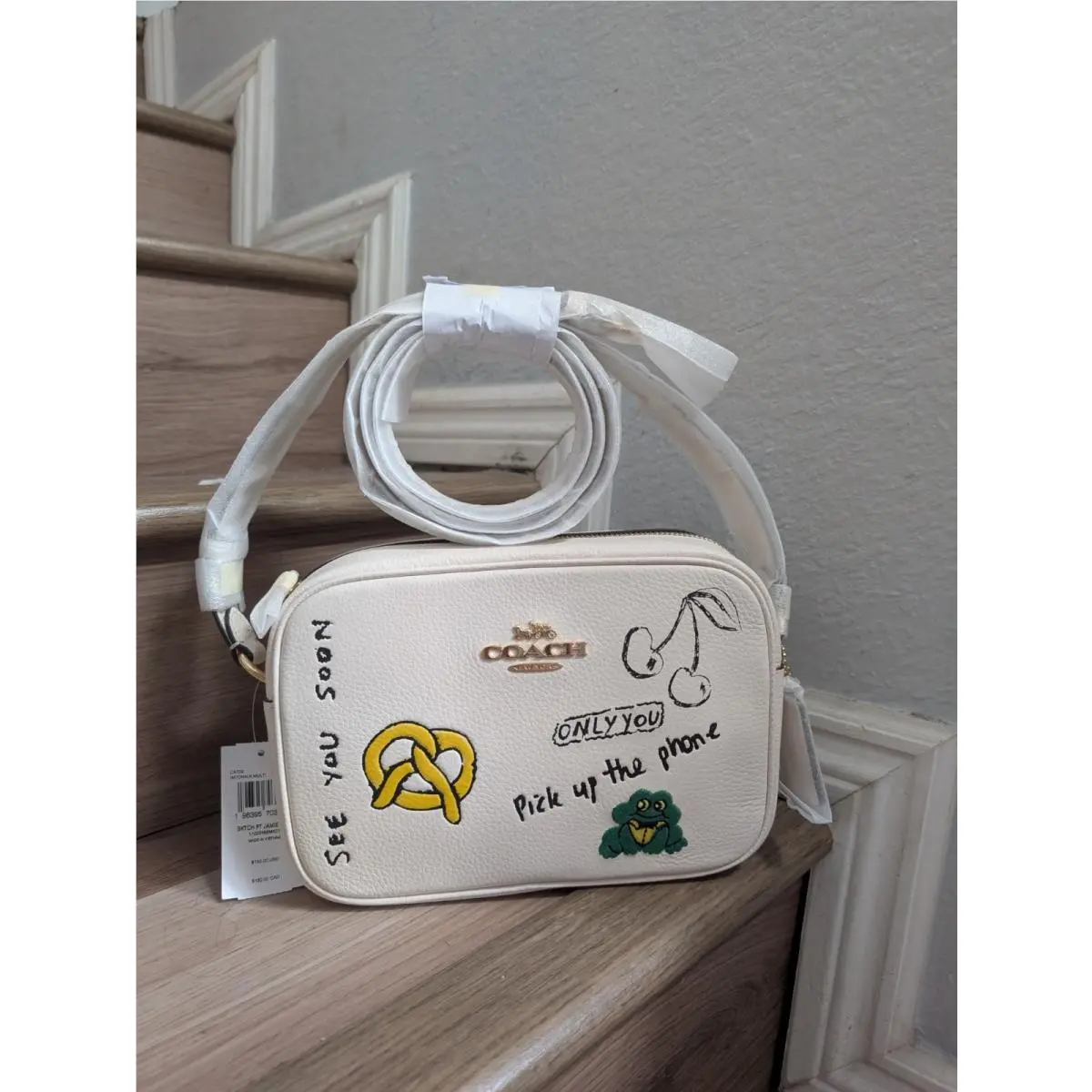 Coach CAT02 Jamie Camera Bag with Sketch Print Pebble Leather Chalk Multi