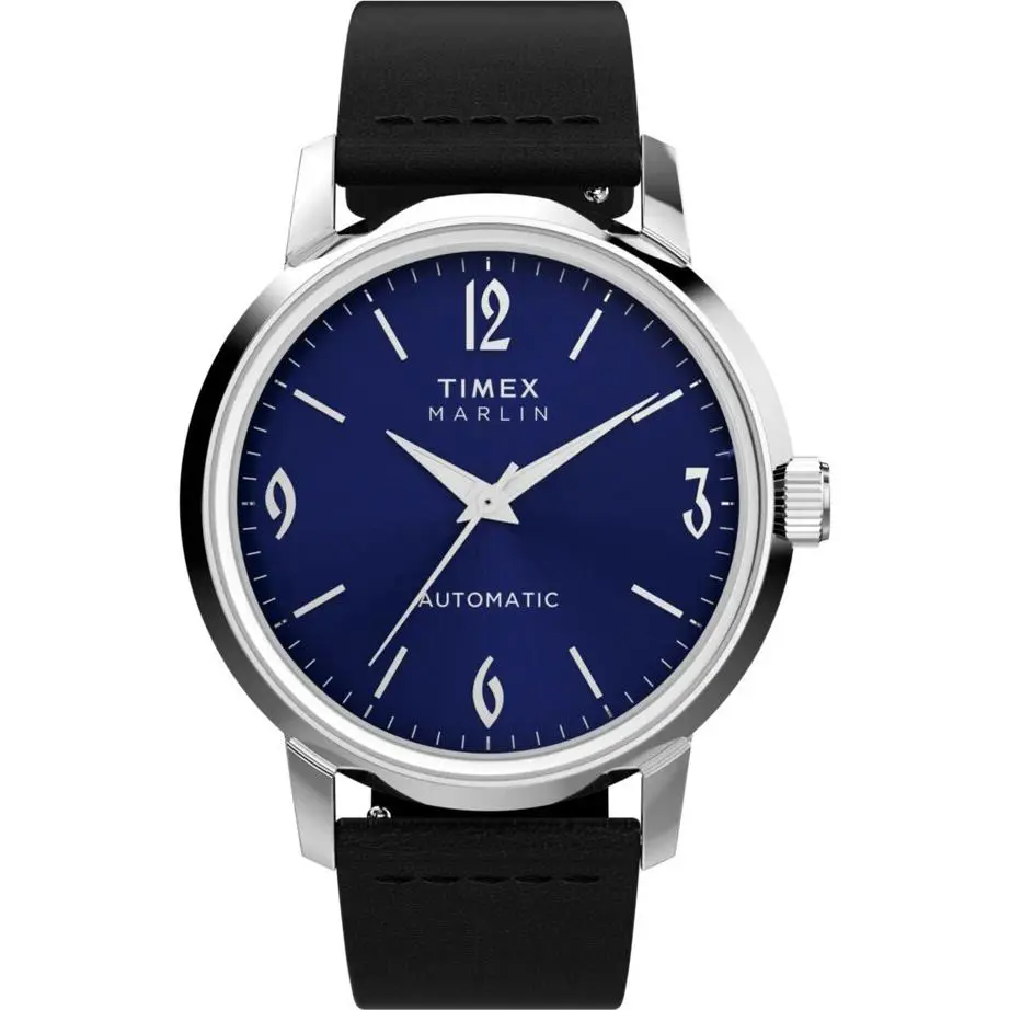 Timex TW2W93100 Men`s Marlin Blue Dial Automatic Black Leather Strap Watch - Black, Blue