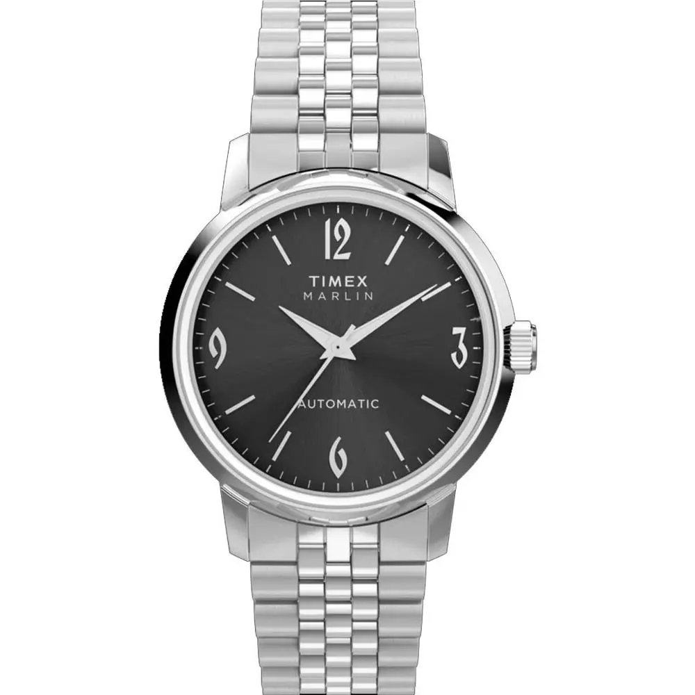 Timex TW2W93200 Men`s Marlin Stainless Steel Black Dial Automatic Watch - Dial: Black, Band: Silver, Bezel: Silver