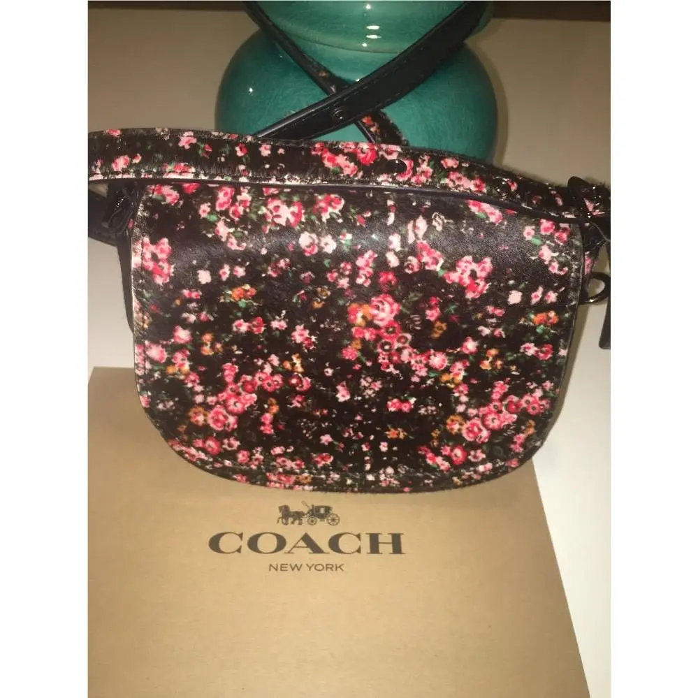 Coach Saddle Bag 23 in Printed Haircalf Mountain Buds Black Pink F38206