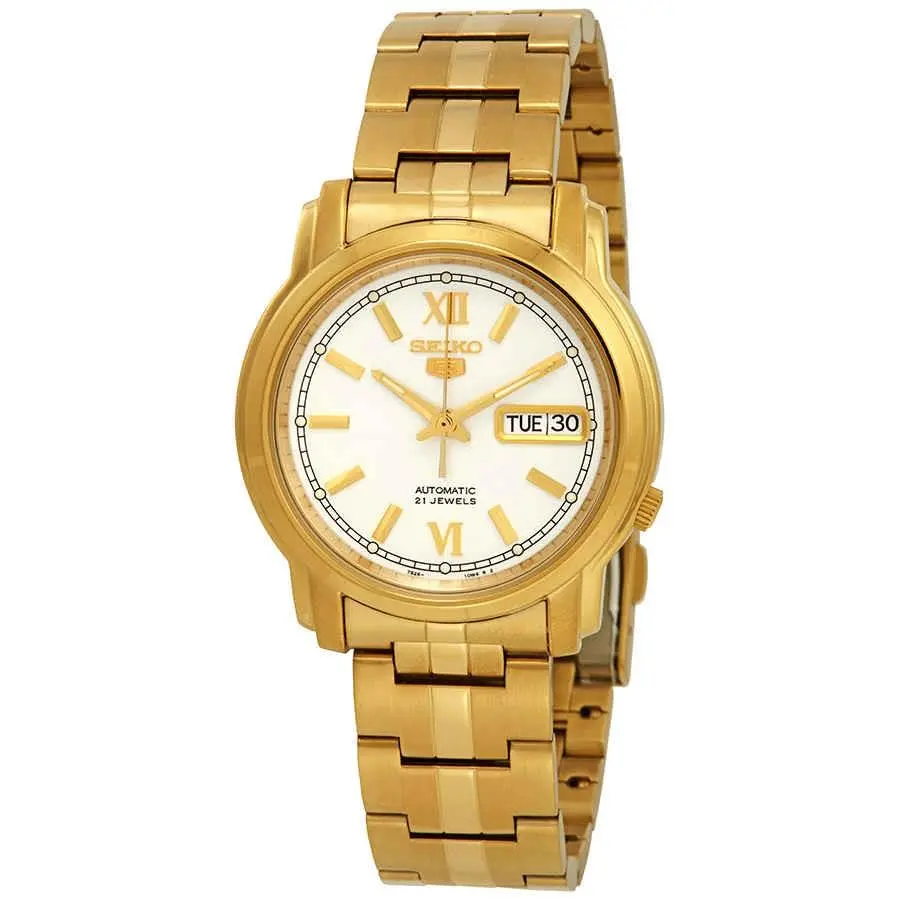 Seiko Series 5 Automatic White Dial Men`s Watch SNKK84 - Dial: White, Band: Gold, Bezel: Gold