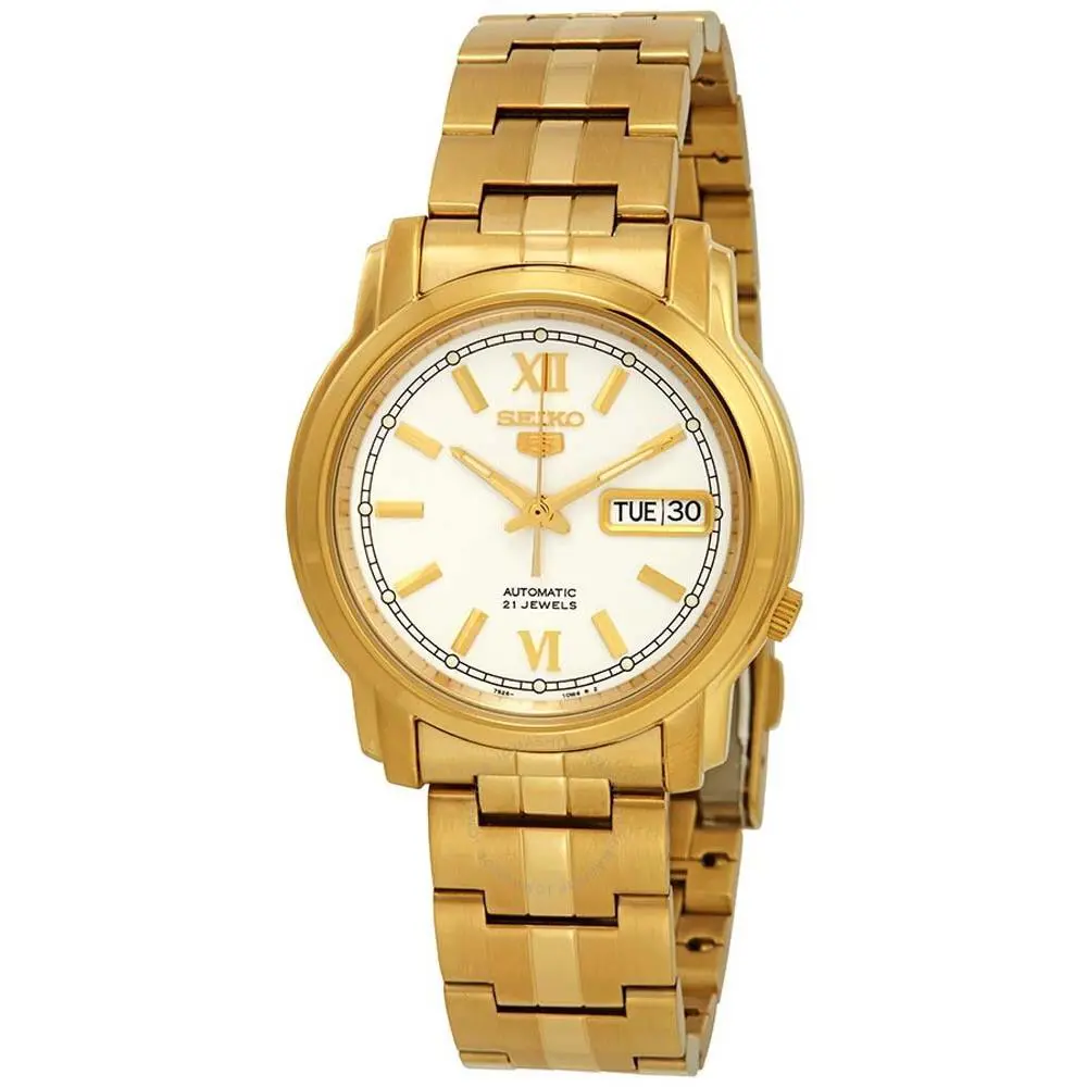 Seiko 5 SNKK84 Men`s Gold Tone Stainless Steel White Dial Automatic Watch - Dial: White, Band: Gold, Bezel: Gold