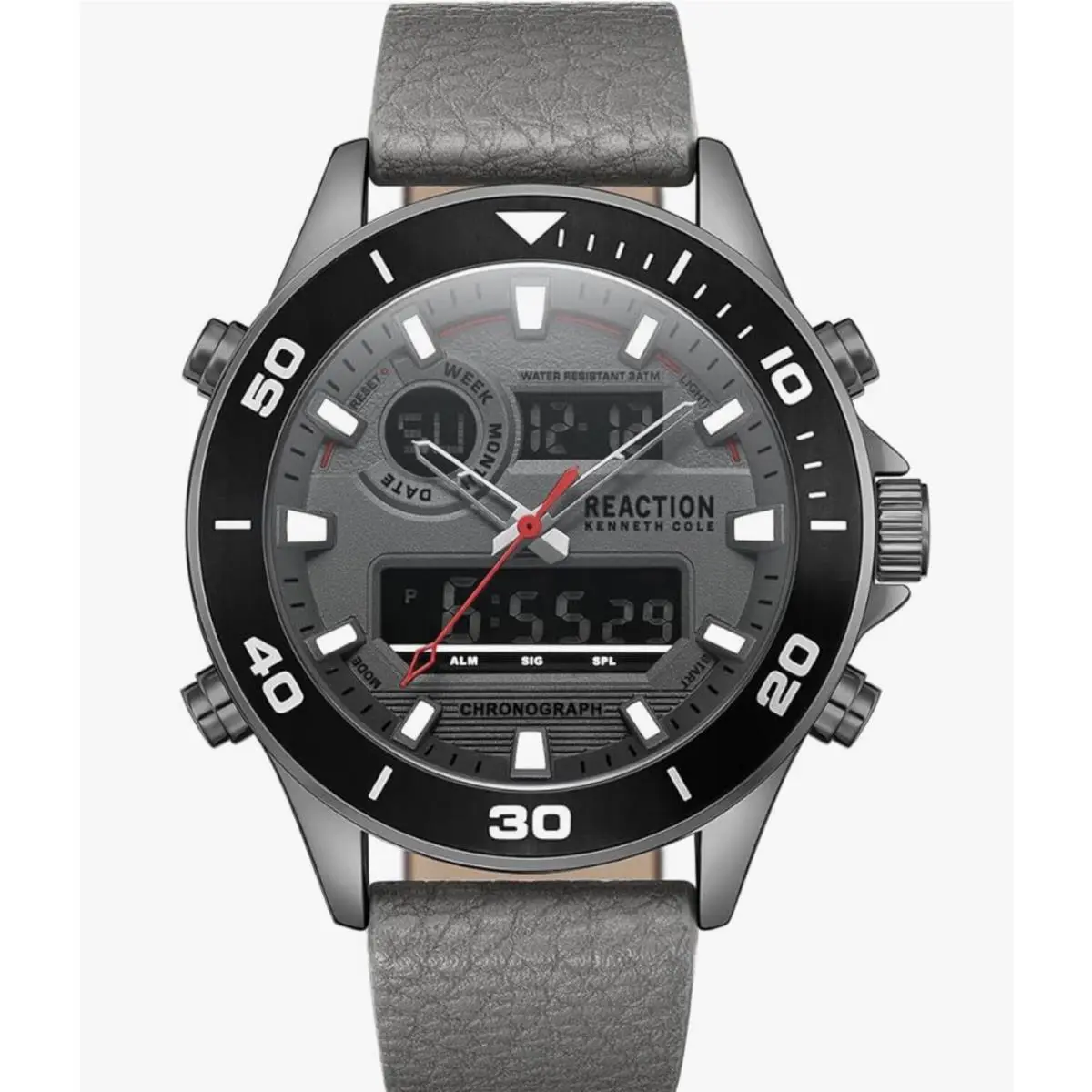 Kenneth Cole Reaction Ana-digit Grey Synthetic Leather Strap Watch Chronograph