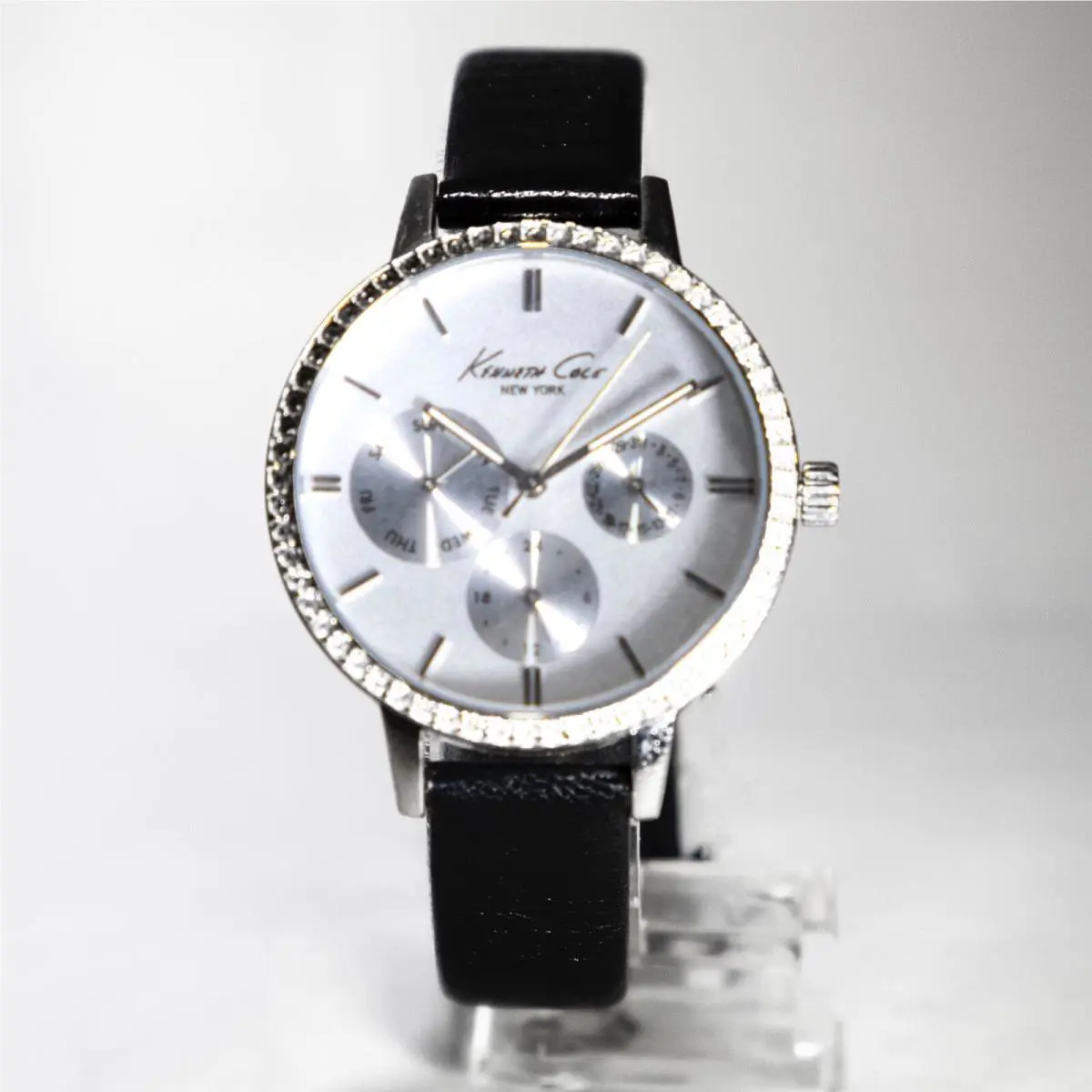 Ladies KC2523 Crystal-bezel Blackleather-band White-dial 36mm Kenneth Cole
