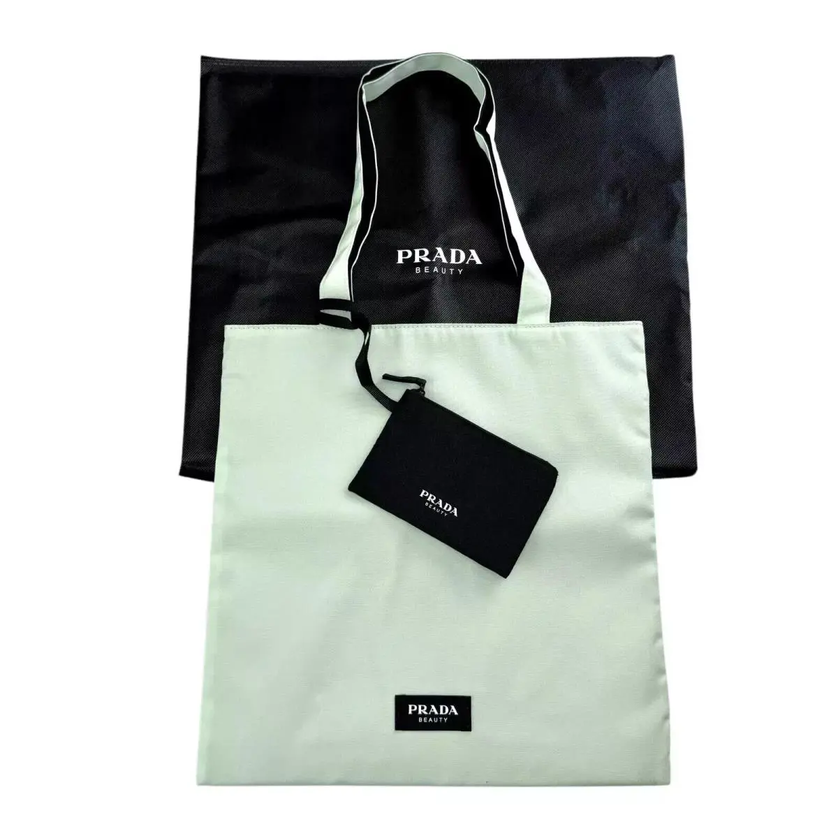 Prada Pra da Beauty Shoulder Tote Bag Light Green Black Reversible + Charms Set