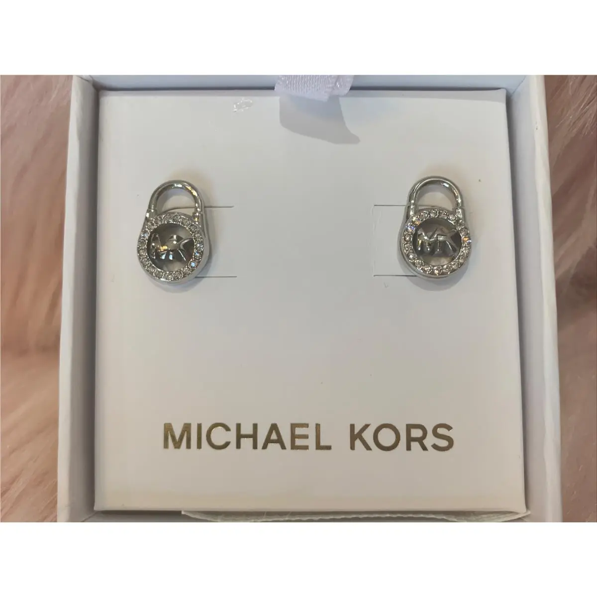 Silver Tone Crystal Pave Padlock Lock Stud Earrings MkJX7411040 by Michael Kors