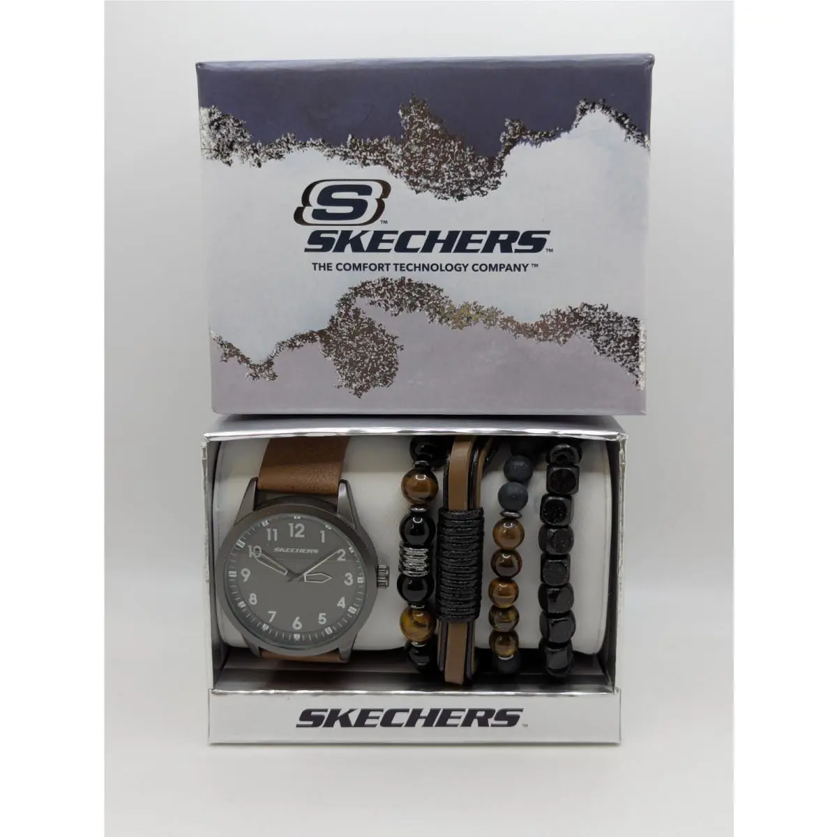 Skechers SR9065 Mens Silver Brown Band Wristwatch with Bracelet Gift Set