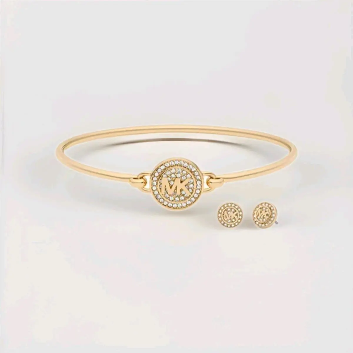 Michael Kors Gold Tone Brass Logo Bracelet Earrings Gift Set