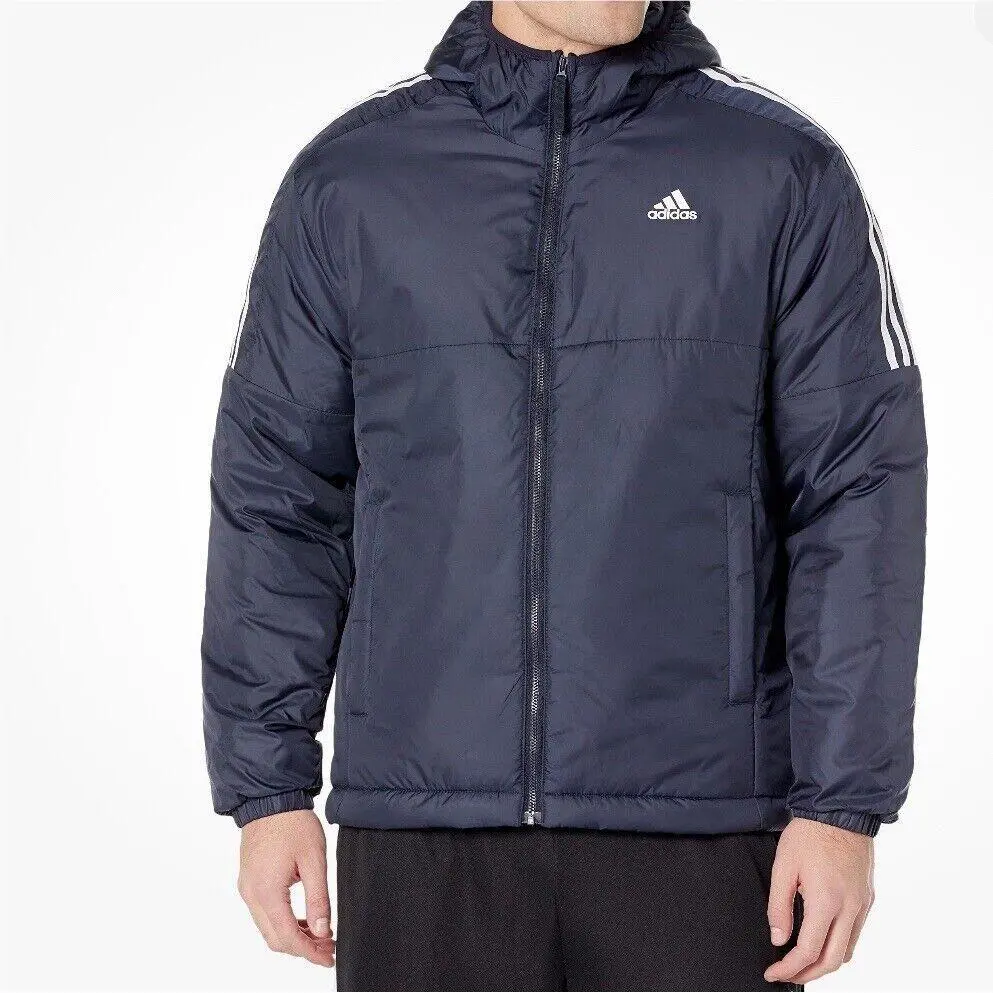 Adidas Mens 2XL Essentials Insulated Hooded Jacket Coat Stripes GT9165 Navy